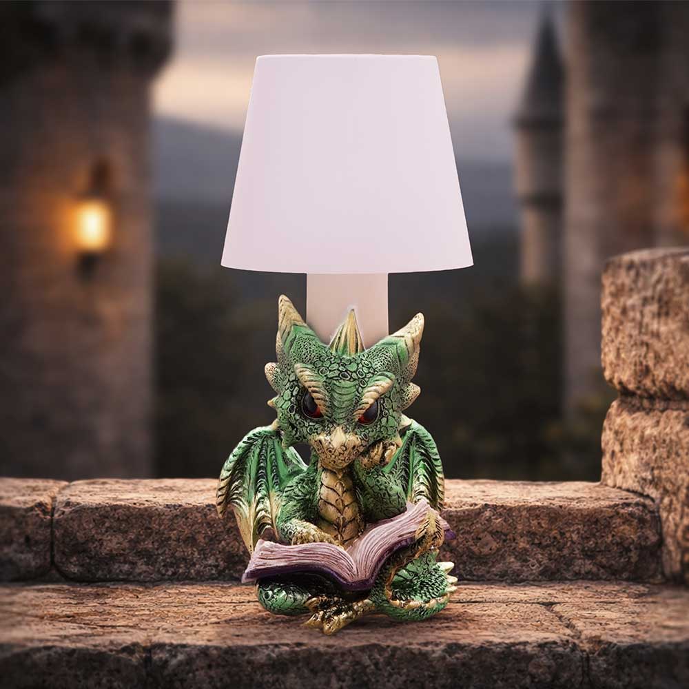 Bookwyrm Green Dragon Touch Lamp - dragon reading lamp in a fantasy display