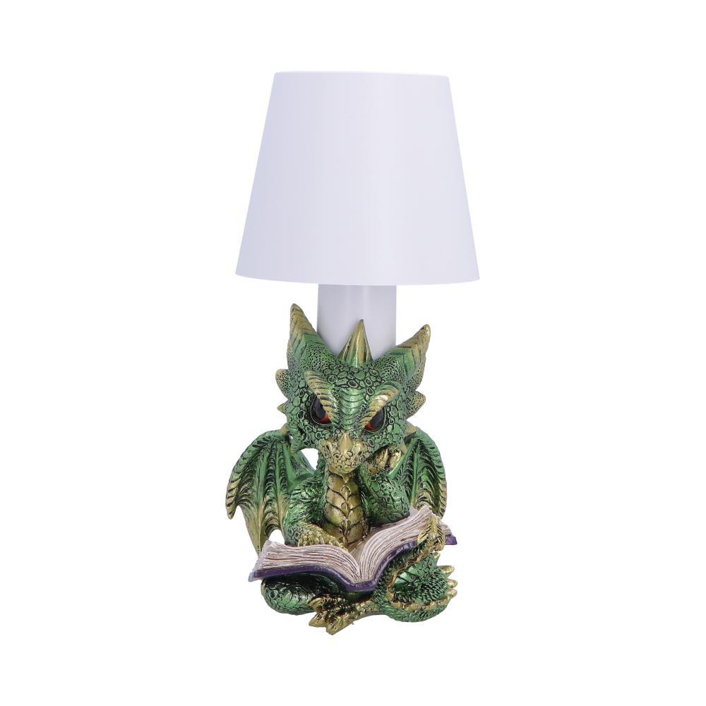 Bookwyrm Green Dragon Touch Lamp - front with reading green dragon beneath pale shade