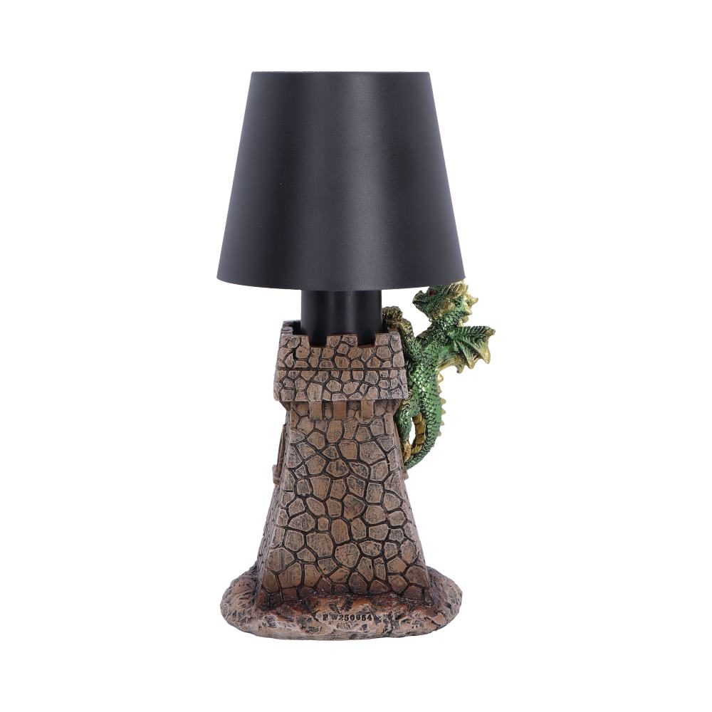 Castle Keeper Green Dragon Touch Lamp - rear showing stone-effect tower beneath dark shade
