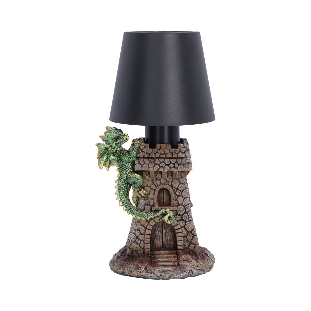 Castle Keeper Green Dragon Touch Lamp - front with green dragon climbing castle tower