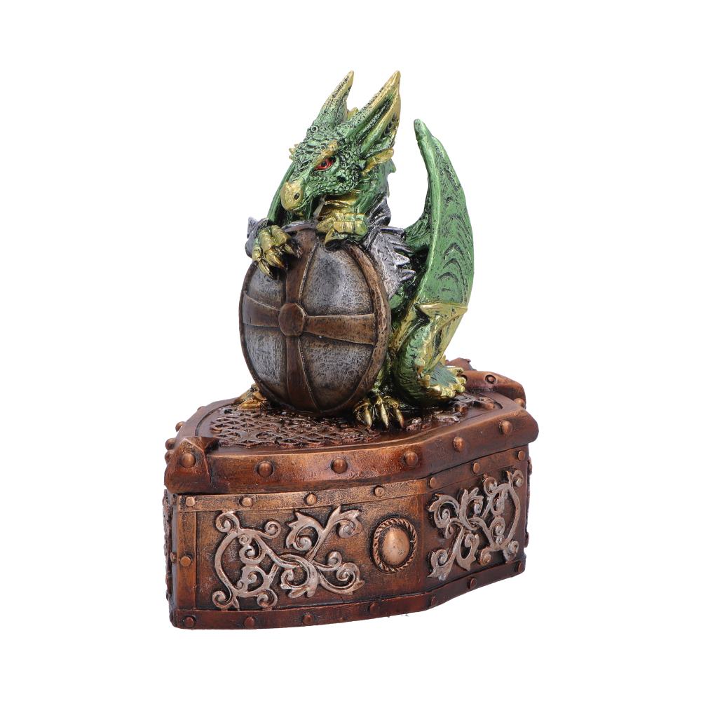 Hoard Protector Green Dragon Trinket Box - side showing shield and ornate box