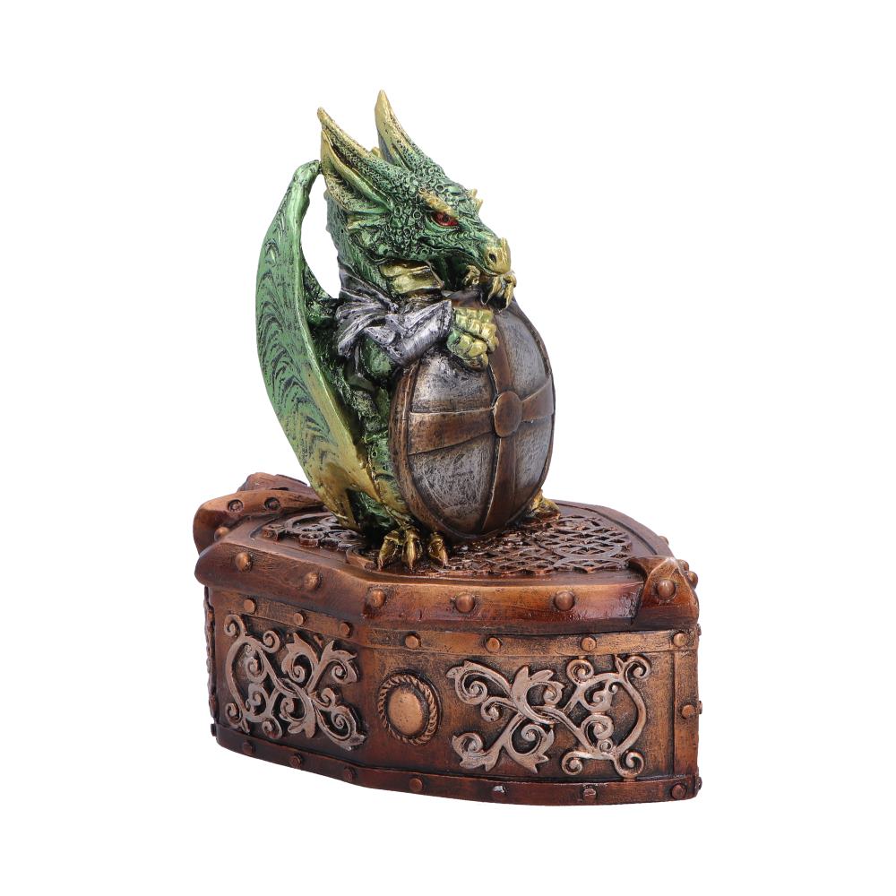 Hoard Protector Green Dragon Trinket Box - angled guardian and shield-shaped lid