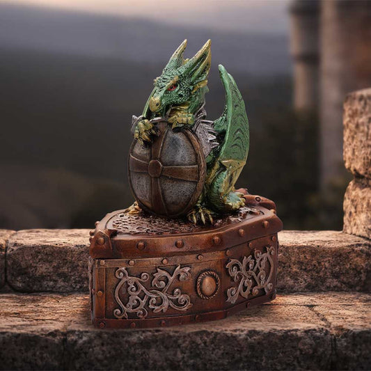 Hoard Protector Green Dragon Trinket Box - green shield-bearing dragon box on a fantasy display
