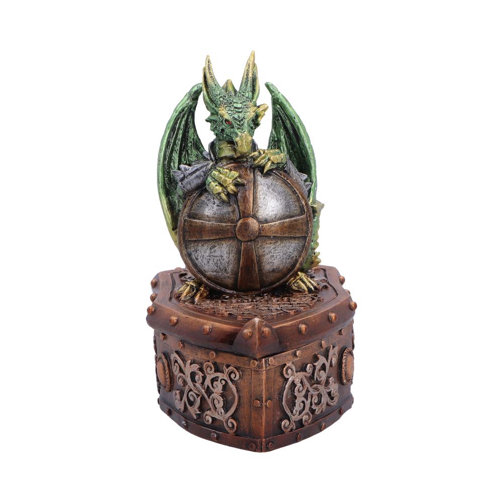 Hoard Protector Green Dragon Trinket Box - front with green dragon holding round shield