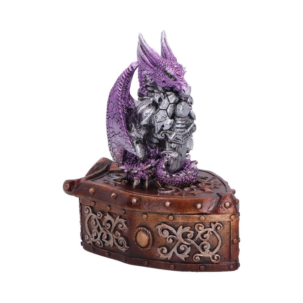 Hoard Protector Purple Dragon Trinket Box - angled guardian above patterned compartment