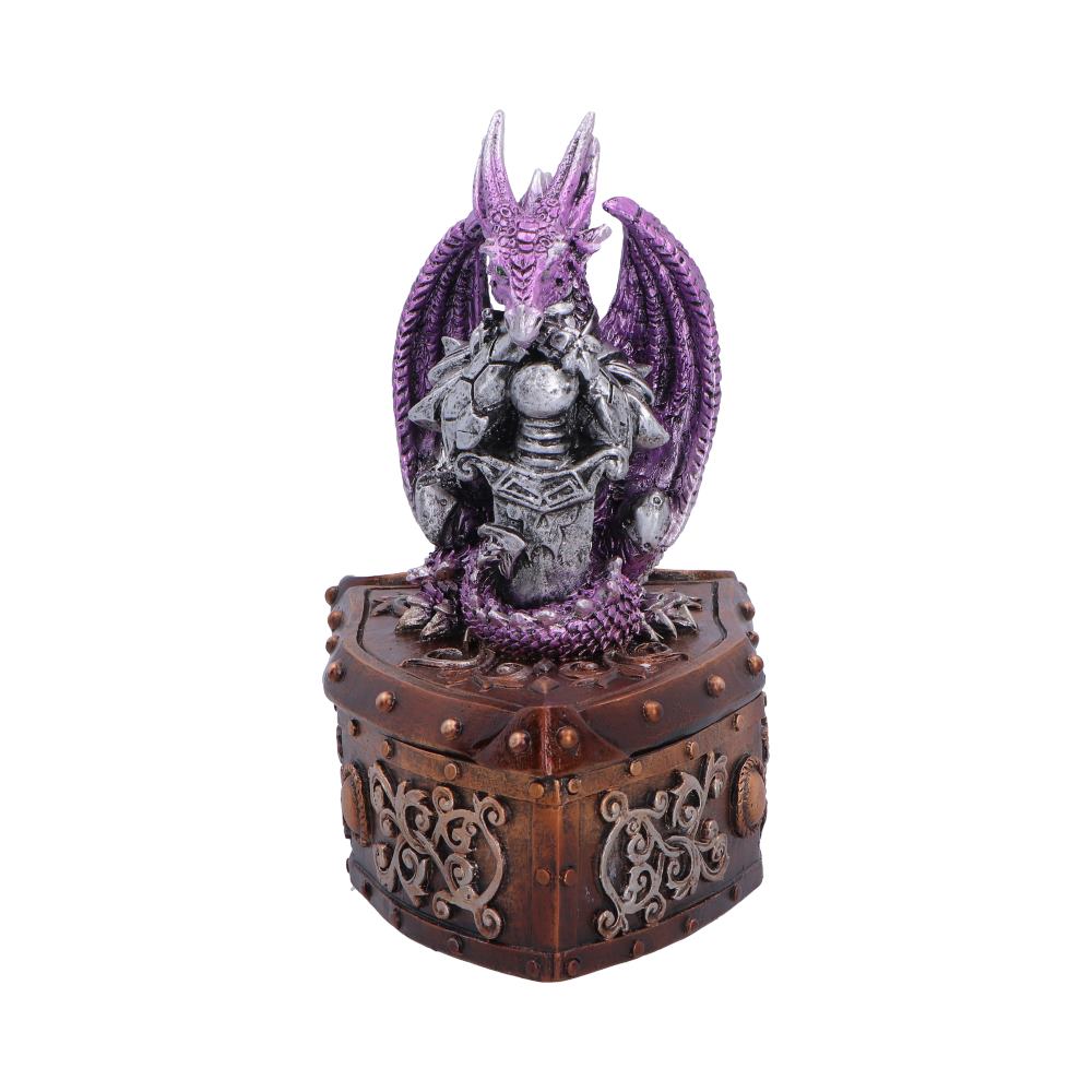 Hoard Protector Purple Dragon Trinket Box - front with purple armoured dragon and sword