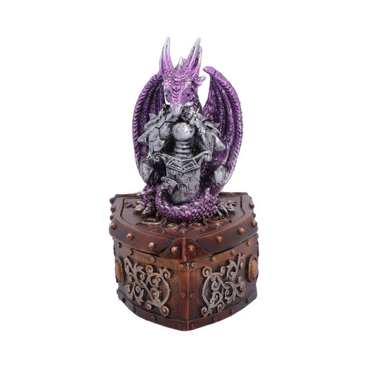 Hoard Protector Purple Dragon Trinket Box - front with purple armoured dragon and sword