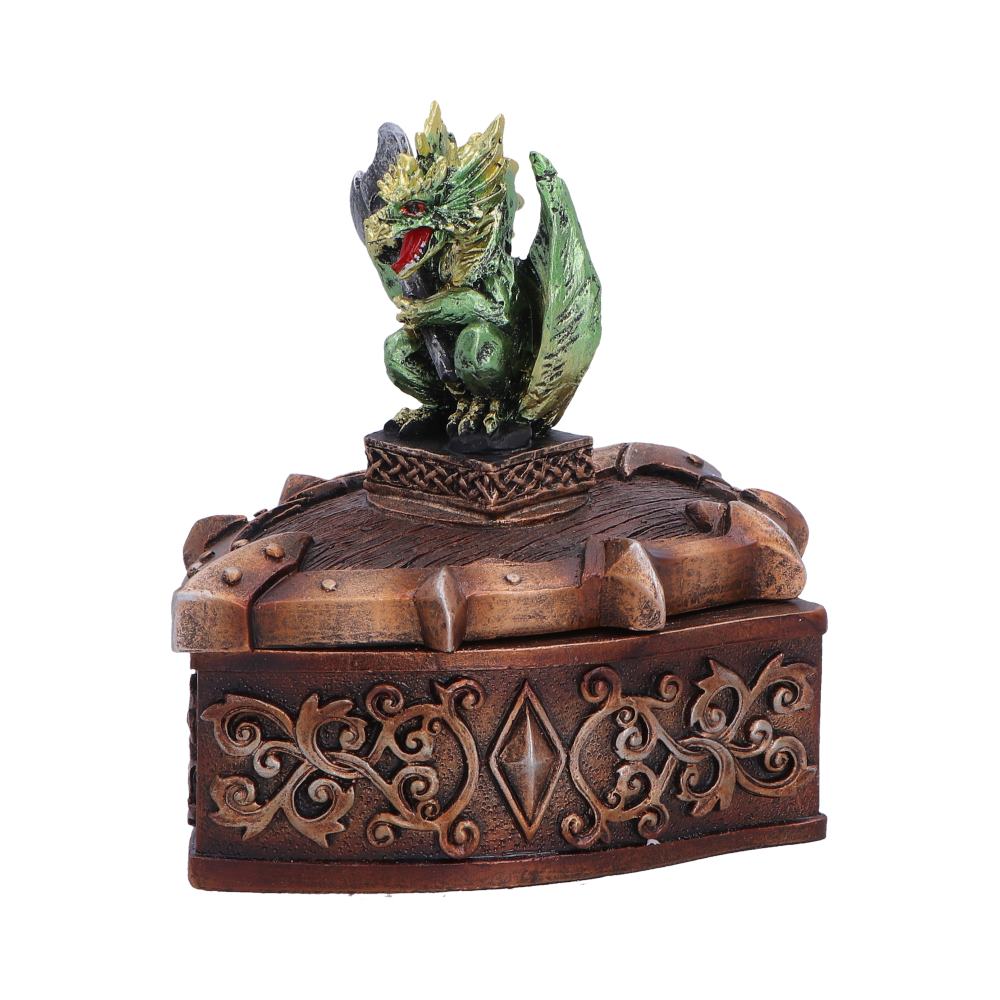 Hoard Defender Green Dragon Trinket Box - side showing axe and shield-shaped lid
