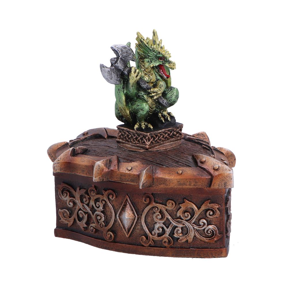 Hoard Defender Green Dragon Trinket Box - angled guardian and copper-like scrollwork