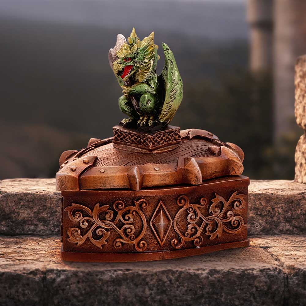 Hoard Defender Green Dragon Trinket Box - green axe-bearing dragon box in a fantasy display