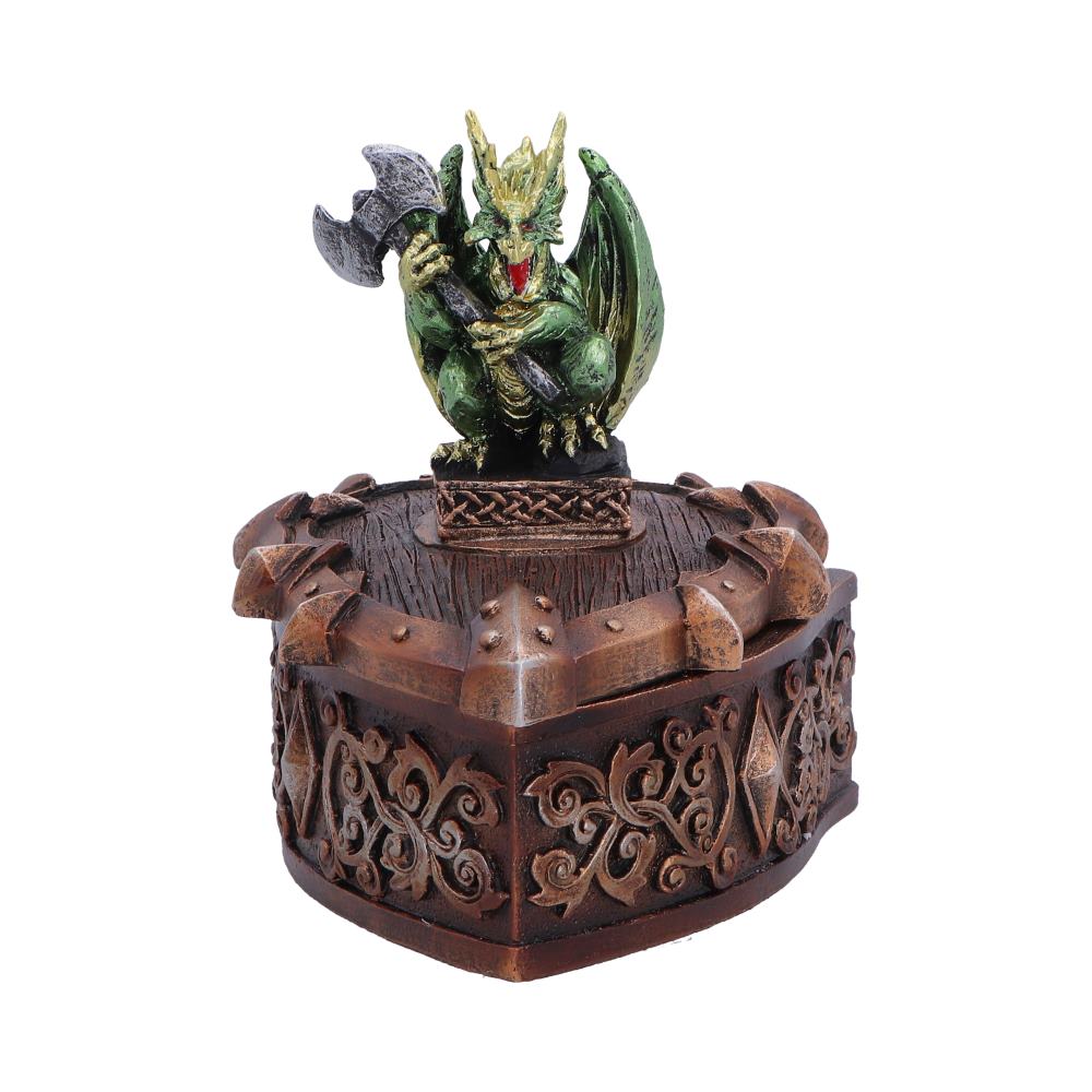 Hoard Defender Green Dragon Trinket Box - front with green dragon holding battle axe