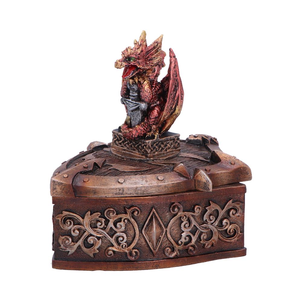 Hoard Defender Red Dragon Trinket Box - side showing sword and decorated lid