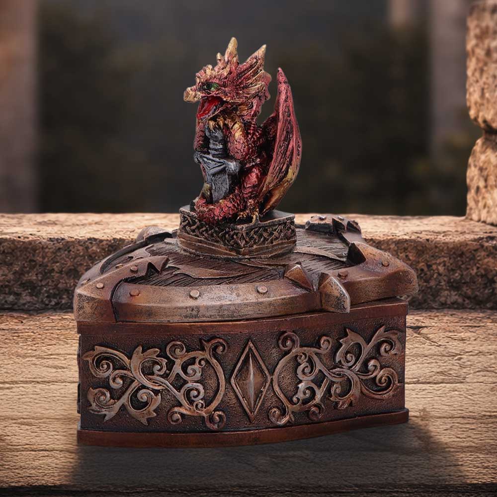 Hoard Defender Red Dragon Trinket Box - red dragon box in a fantasy display