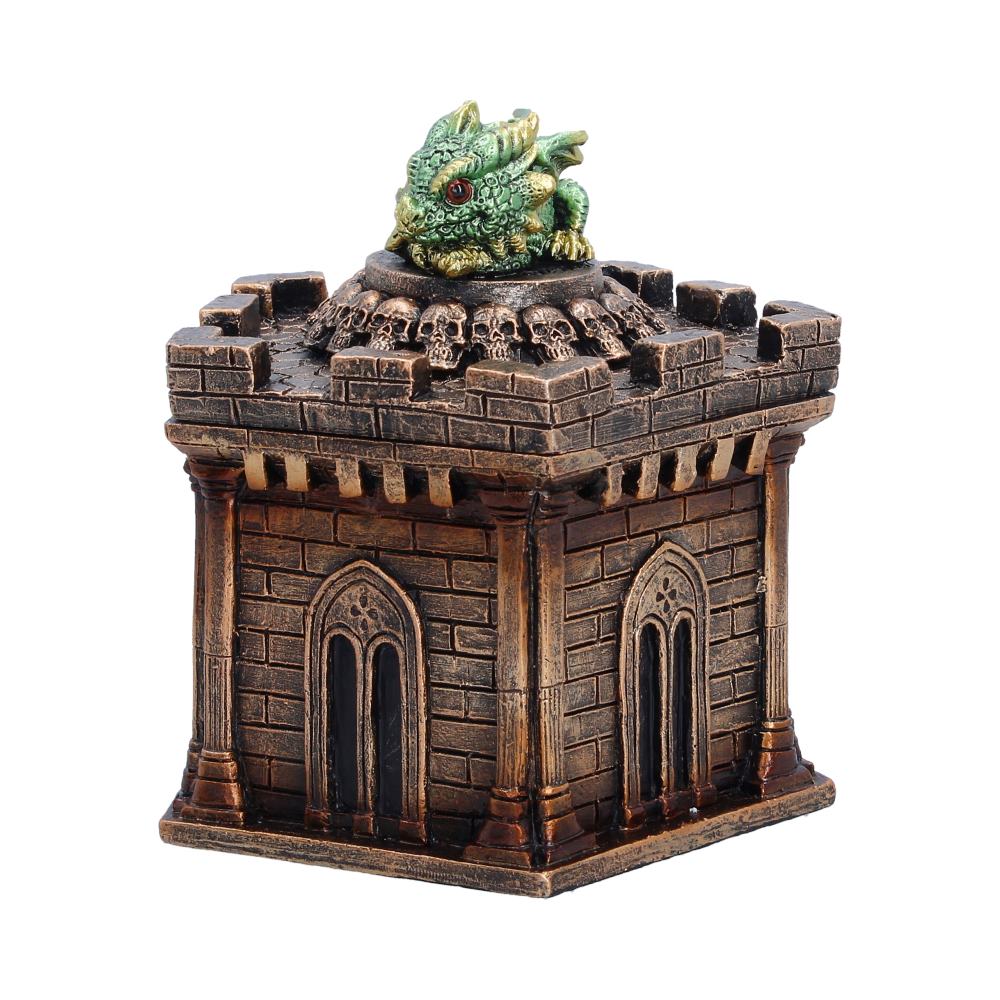 Warden of the Crypt Green Dragon Box - front with curled green dragon above crypt roof
