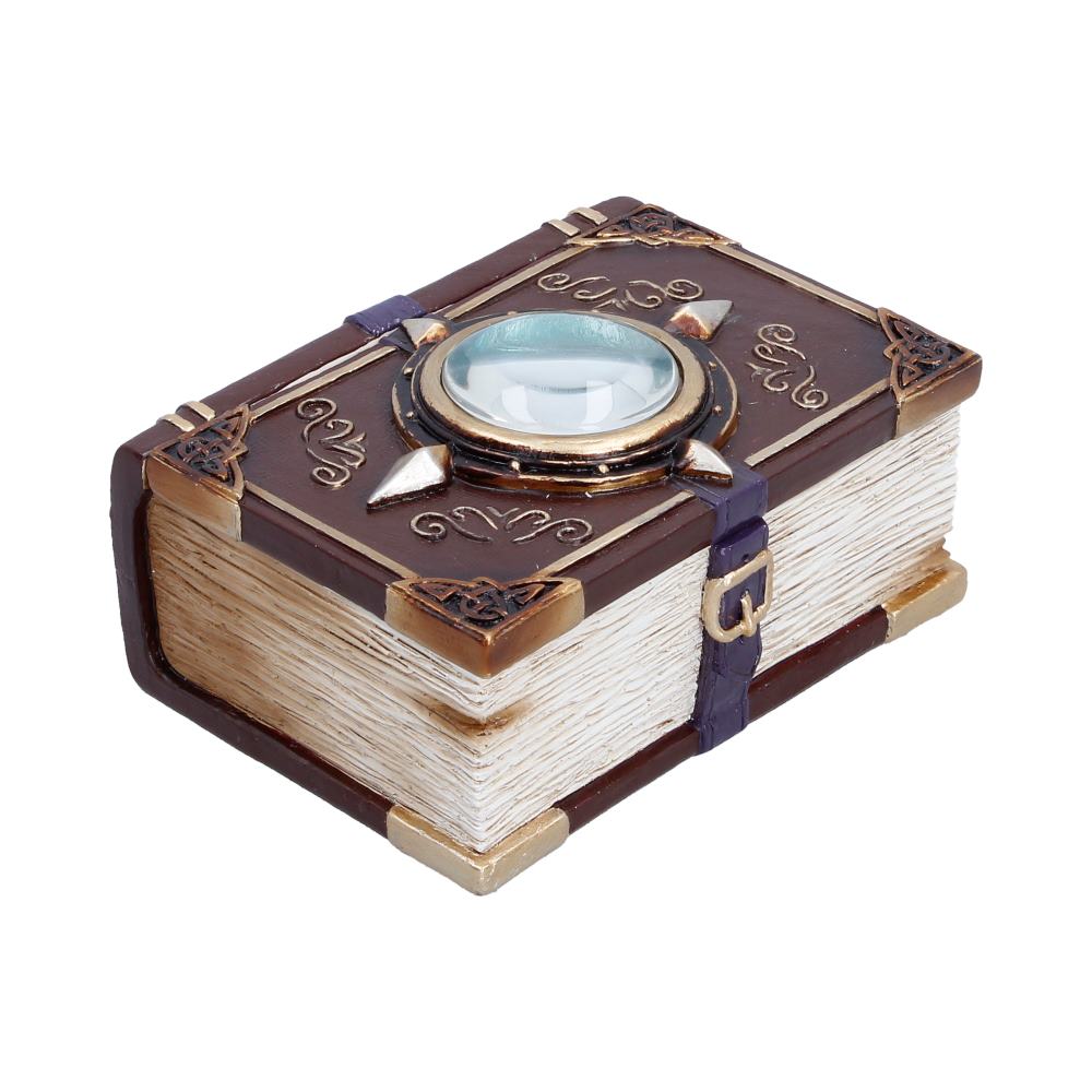 Hidden Hoard Book Trinket Box - angled view of the decorated cover and sculpted pale page edges