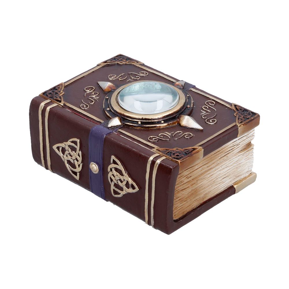 Hidden Hoard Book Trinket Box - opposite angle showing page textures and side cover motifs