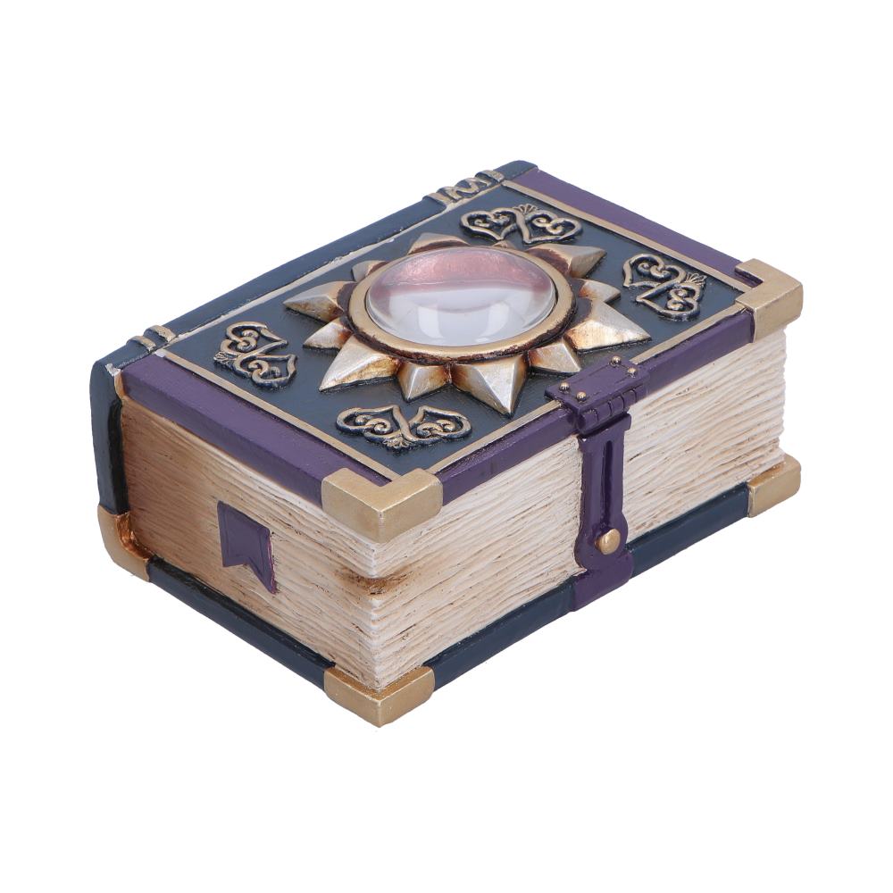 Watchers Wealth Fantasy Book Trinket Box - angled cover with purple straps and gold-toned corners