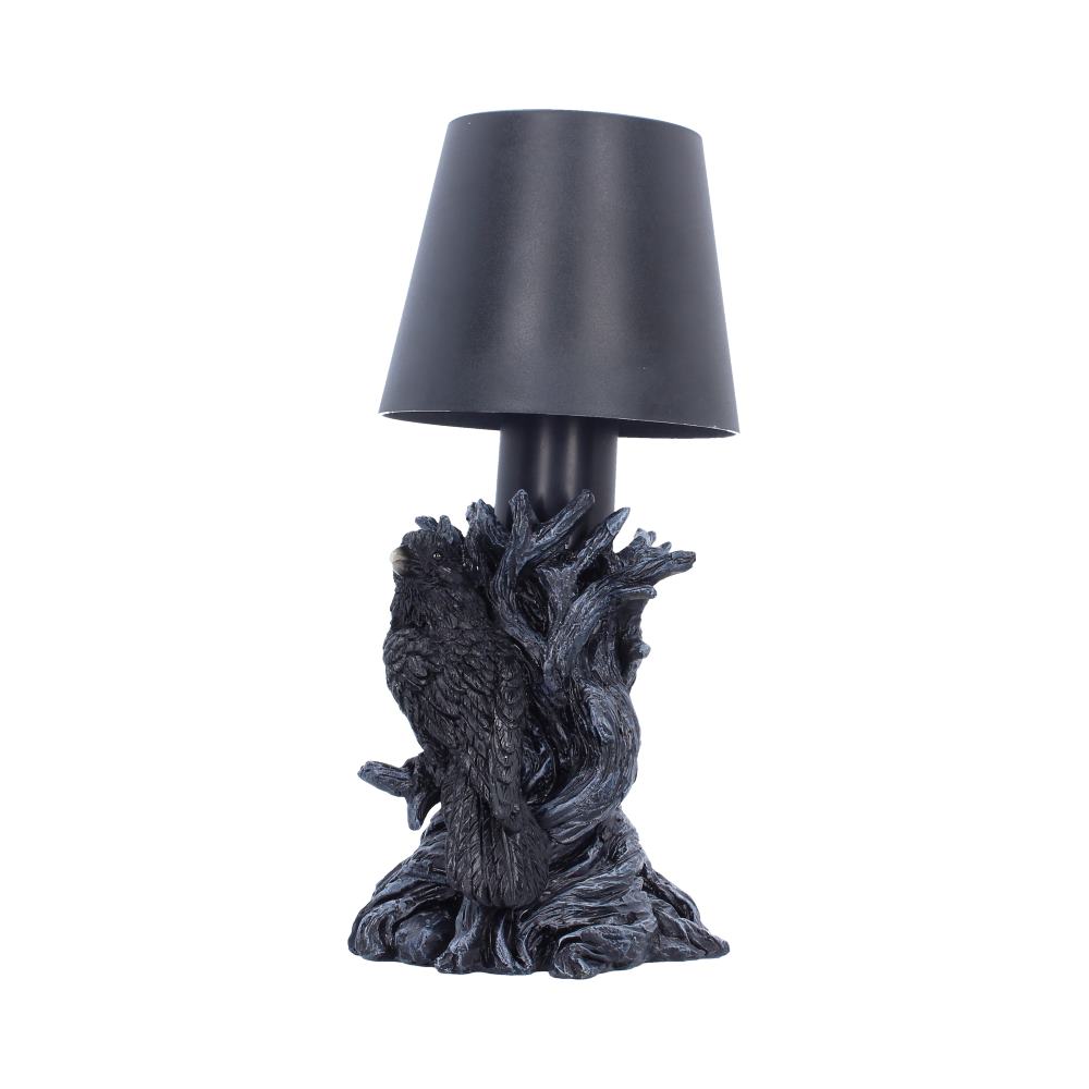Nevermore Raven Touch Lamp - side showing raven feathers and twisted base