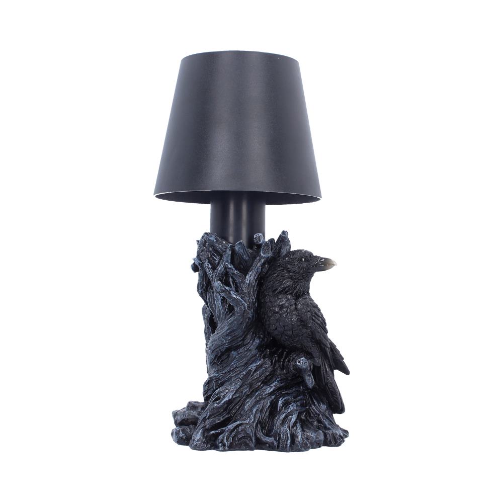 Nevermore Raven Touch Lamp - angled raven perched beside lamp stem