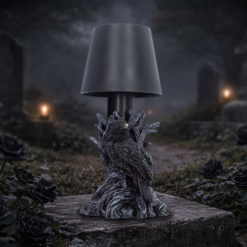 Nevermore Raven Touch Lamp - raven lamp in a dark woodland display