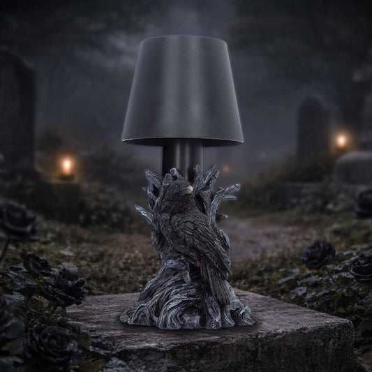 Nevermore Raven Touch Lamp - raven lamp in a dark woodland display