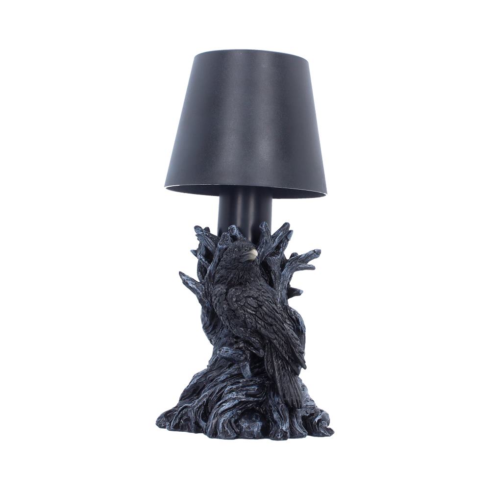 Nevermore Raven Touch Lamp - front with raven against branches beneath dark shade