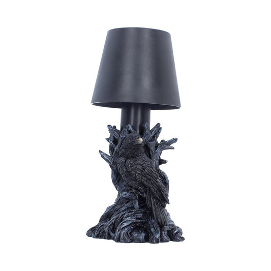 Nevermore Raven Touch Lamp - front with raven against branches beneath dark shade