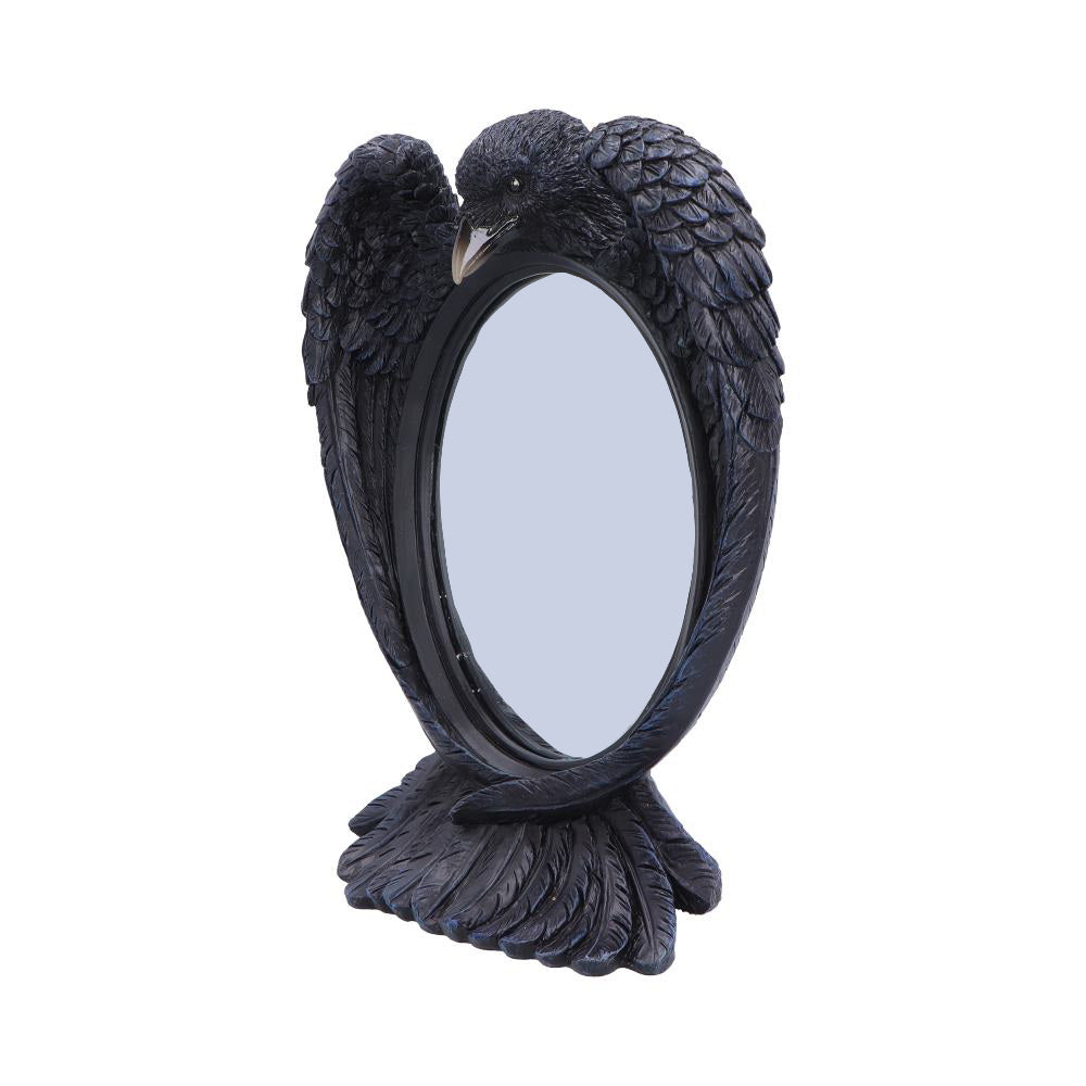Nevermore Reflection Raven Mirror - angled feathered frame on standing base