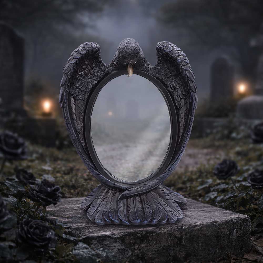 Nevermore Reflection Raven Mirror - raven mirror in a dark woodland display