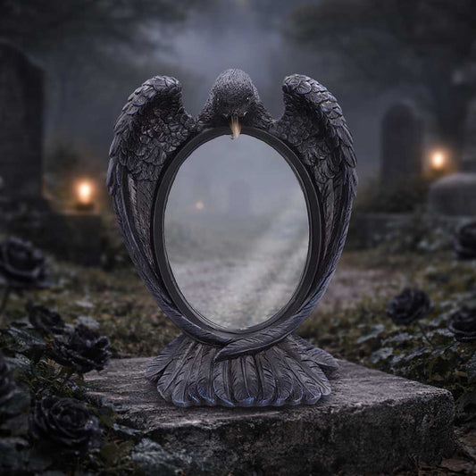 Nevermore Reflection Raven Mirror - raven mirror in a dark woodland display