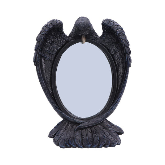Nevermore Reflection Raven Mirror - front with oval mirror and bowed raven head