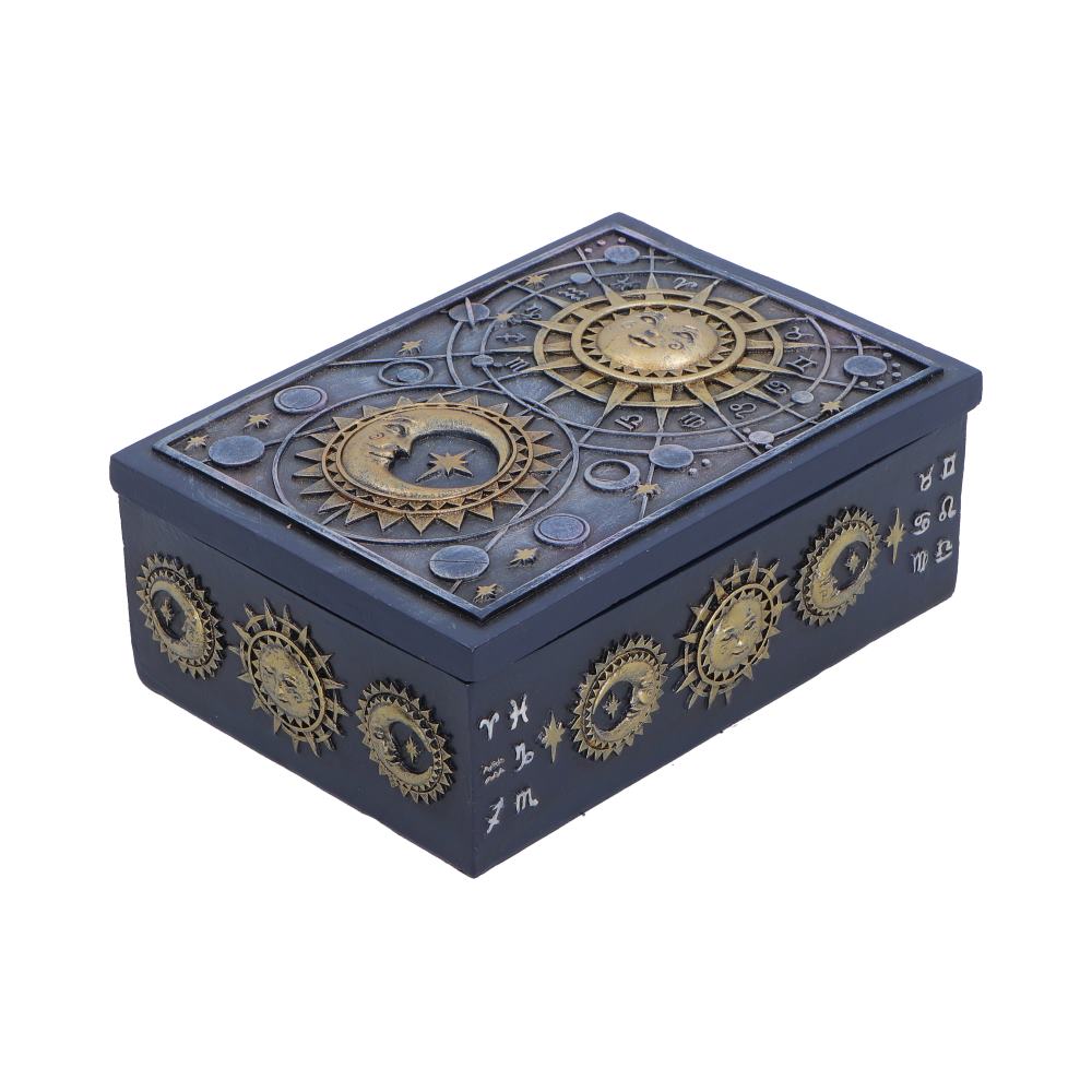 Celestial Treasure Sun and Moon Trinket Box - angled celestial cover and star details