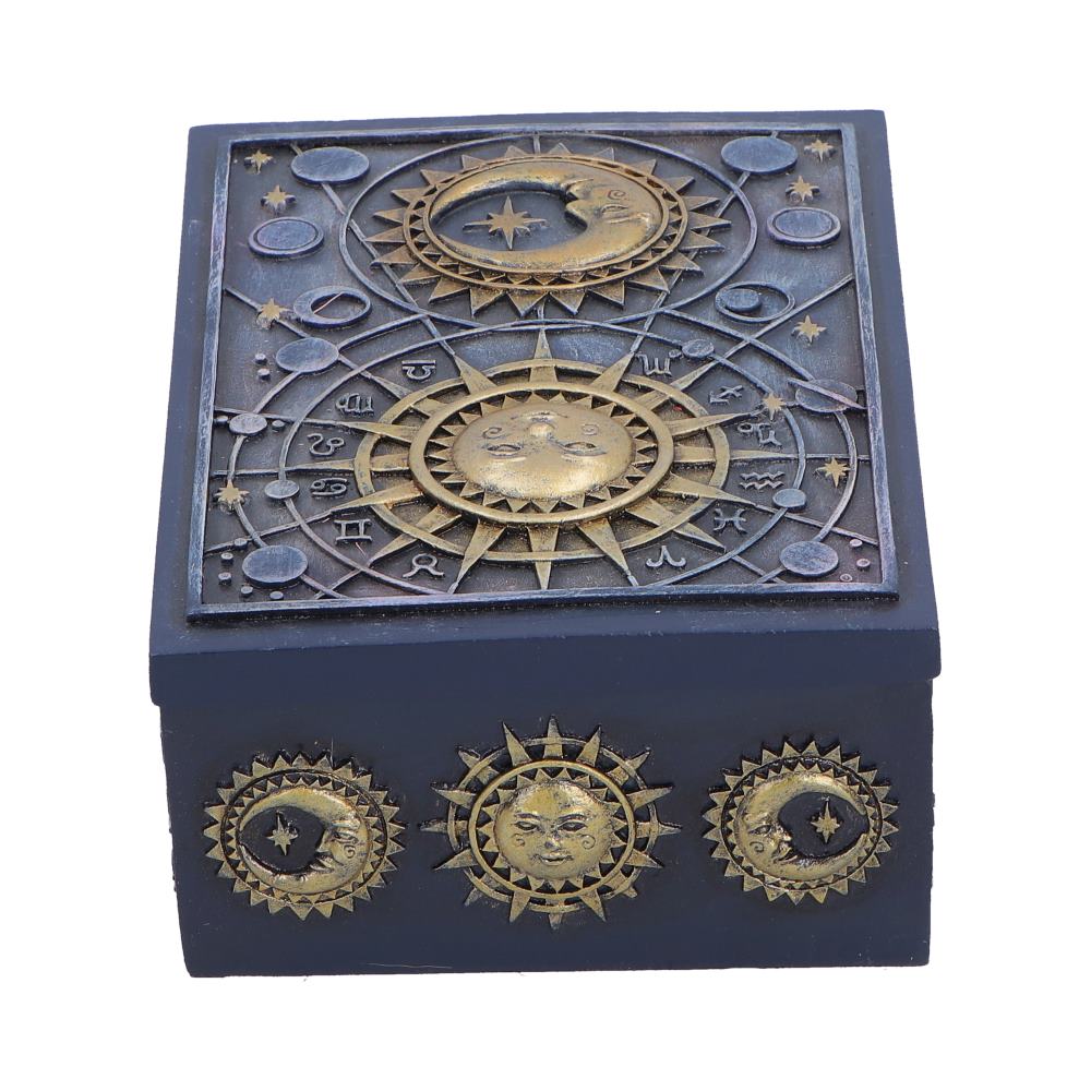 Celestial Treasure Sun and Moon Trinket Box - side showing smaller celestial faces around box