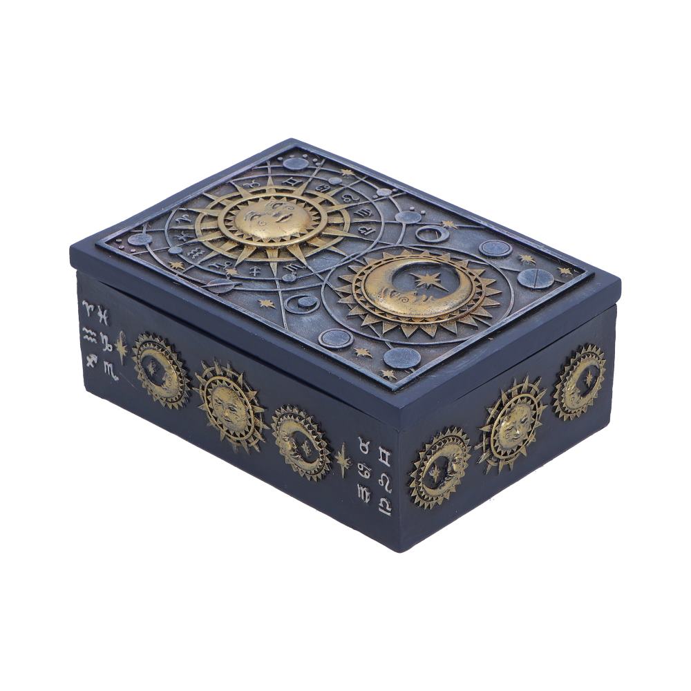 Celestial Treasure Sun and Moon Trinket Box - alternate angle of golden-toned sun and blue panels
