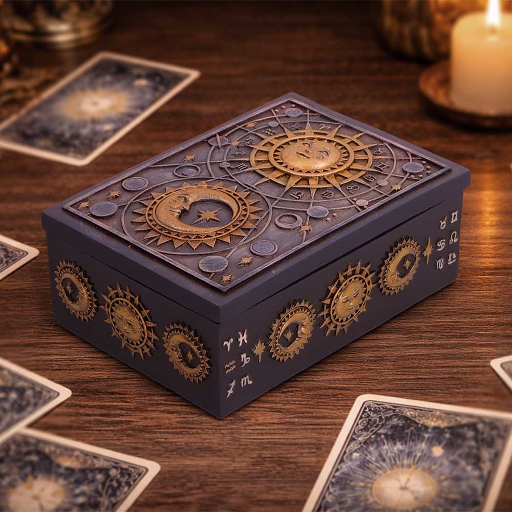 Celestial Treasure Sun and Moon Trinket Box - celestial box on a wooden tabletop