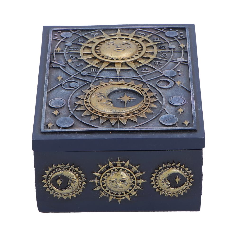 Celestial Treasure Sun and Moon Trinket Box - front with sun and moon motifs on blue lid