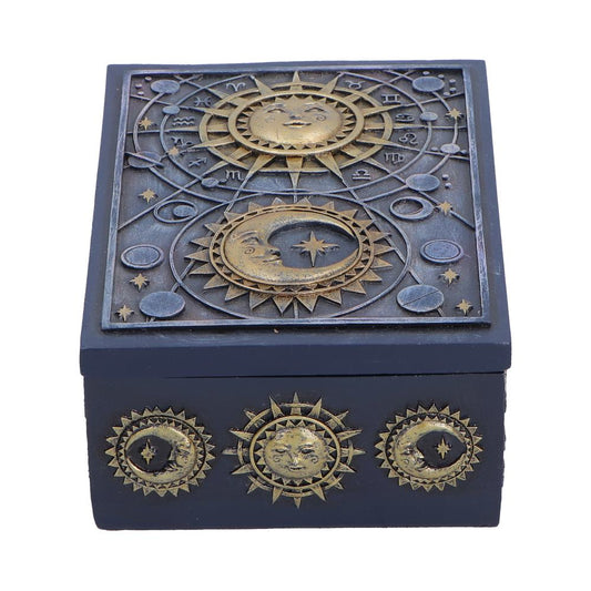 Celestial Treasure Sun and Moon Trinket Box - front with sun and moon motifs on blue lid