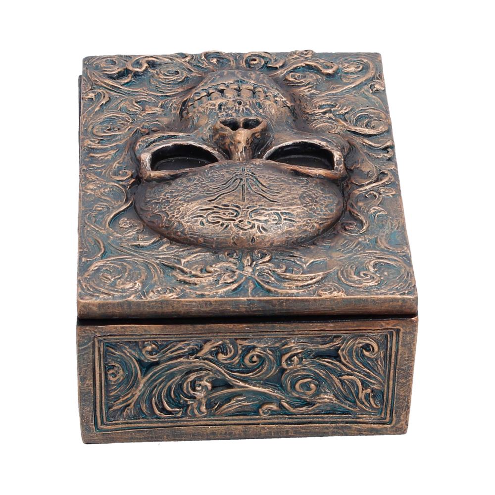 Treasured Remains Skull Trinket Box - side showing blue-accented scrollwork around box