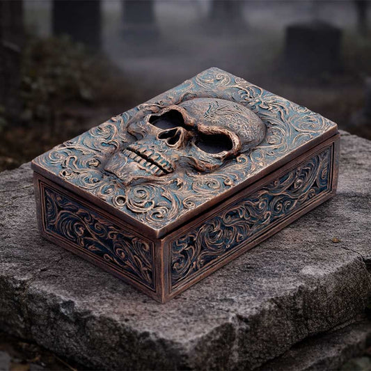 Treasured Remains Skull Trinket Box - skull keepsake box on a dark stone display