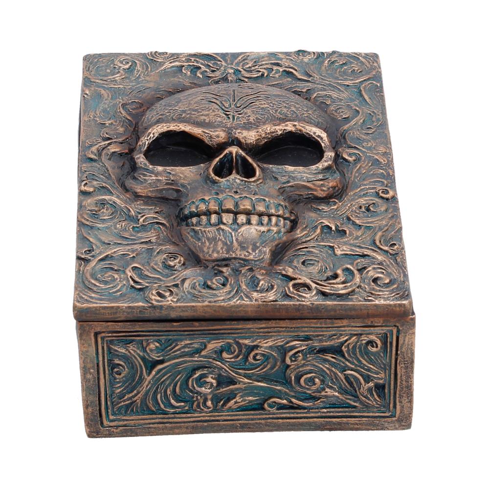 Treasured Remains Skull Trinket Box - front with raised skull and curling cover patterns
