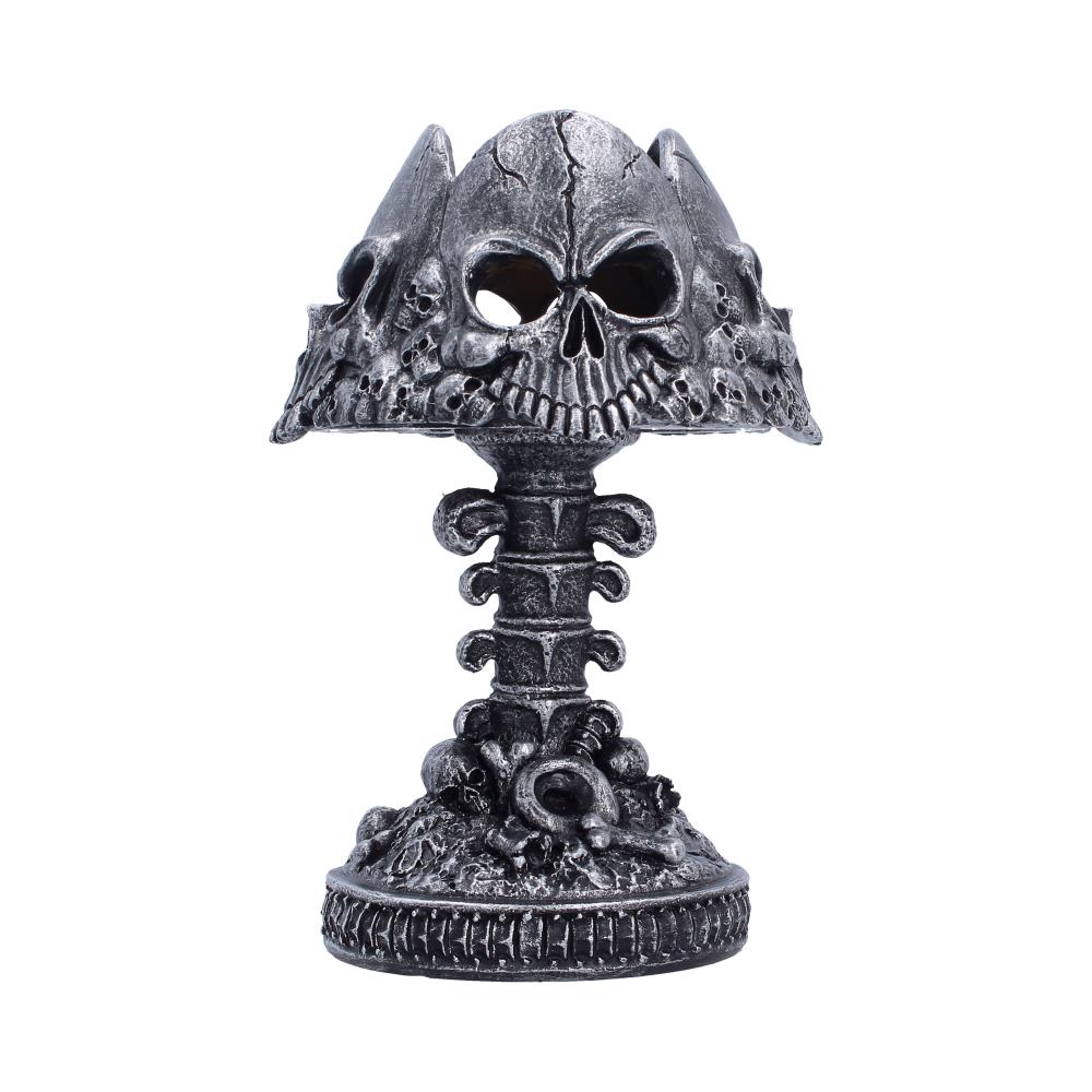 Last Light Black Skull Lamp - side showing hollow eye sockets and vertebrae