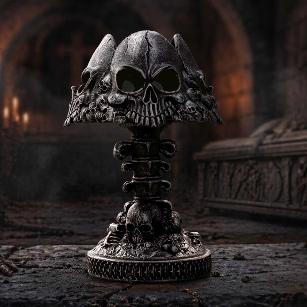 Last Light Black Skull Lamp - black skull lamp on a gothic display