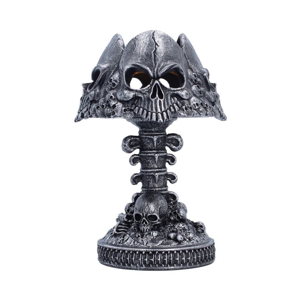 Last Light Black Skull Lamp - front with black skull shade and sculpted spine