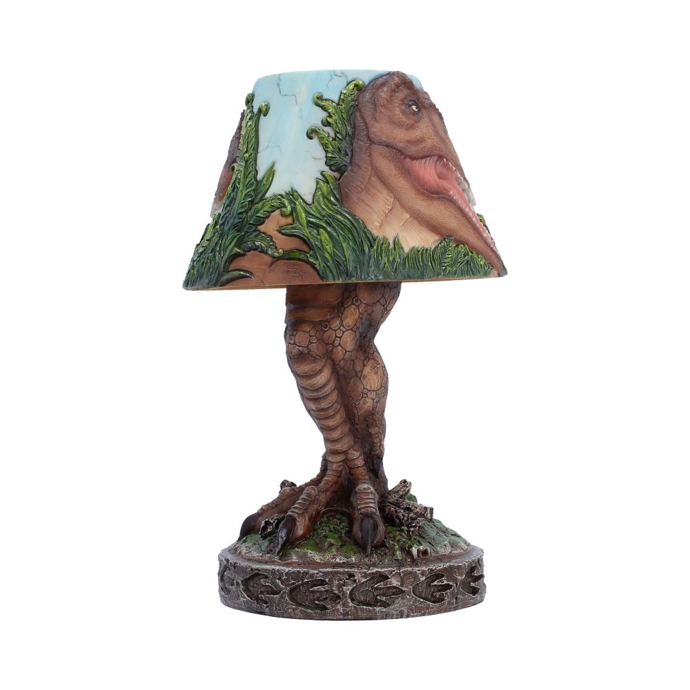 Tyrannosaurus Rex Dinosaur Lamp - angled illustrated shade above scaled dinosaur leg