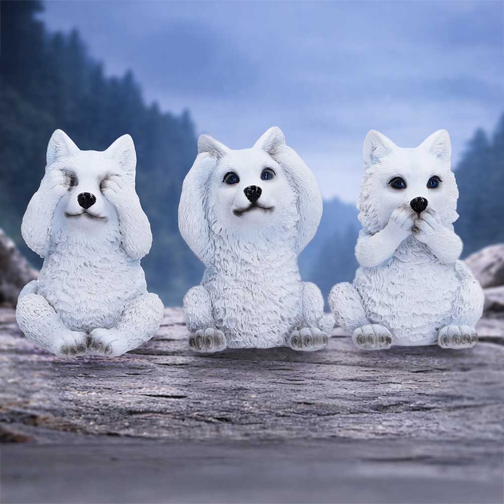 Three Wise Wolf Pups figurine set by Nemesis Now with three snow-white wolf cubs performing See No Evil, Hear No Evil and Speak No Evil poses