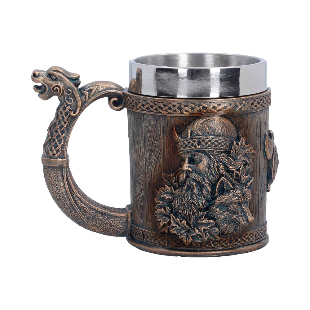Til Valhalla Viking Tankard Small - side showing crossed axes and carved-looking portrait