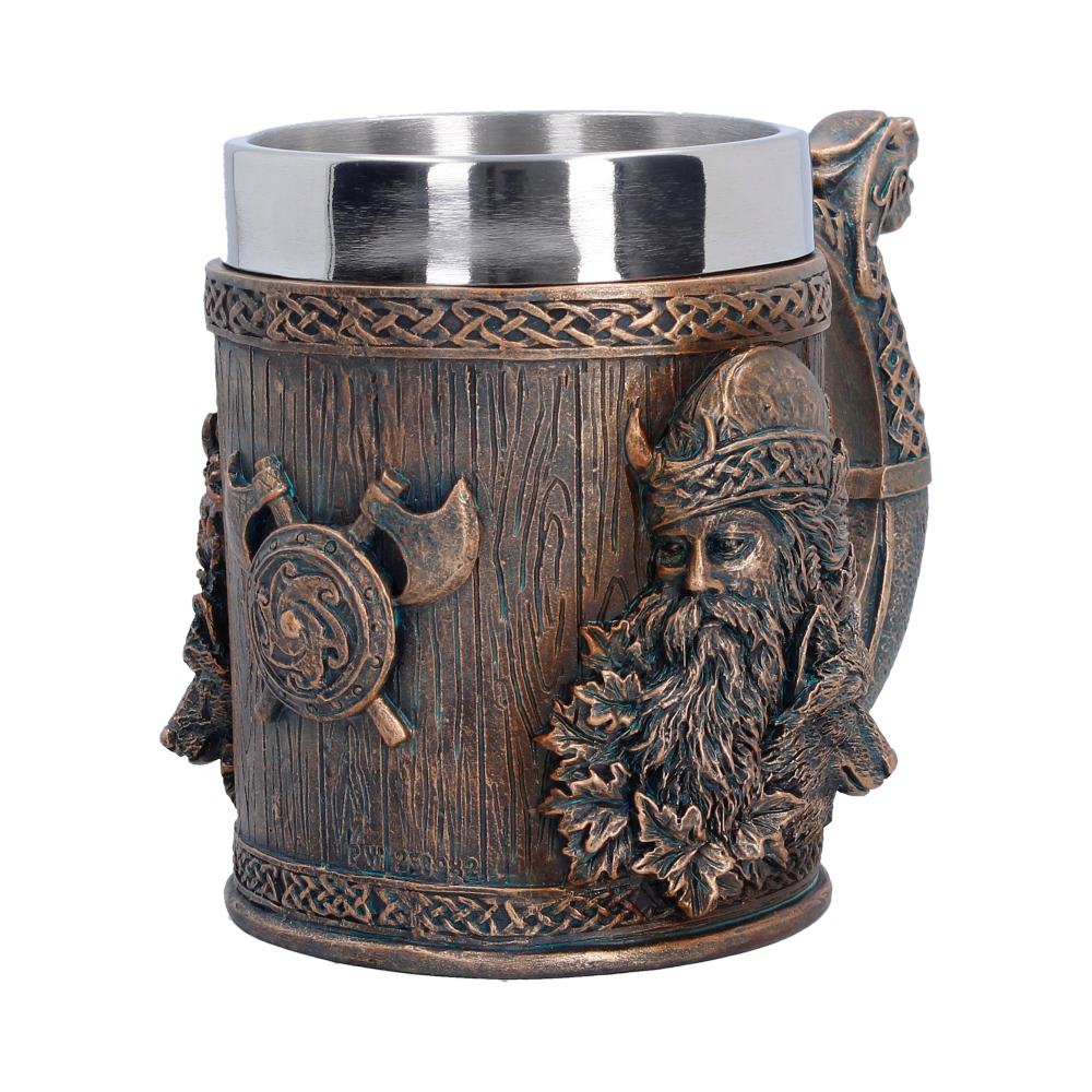 Til Valhalla Viking Tankard Small - alternate angle of Viking face and bright inner rim