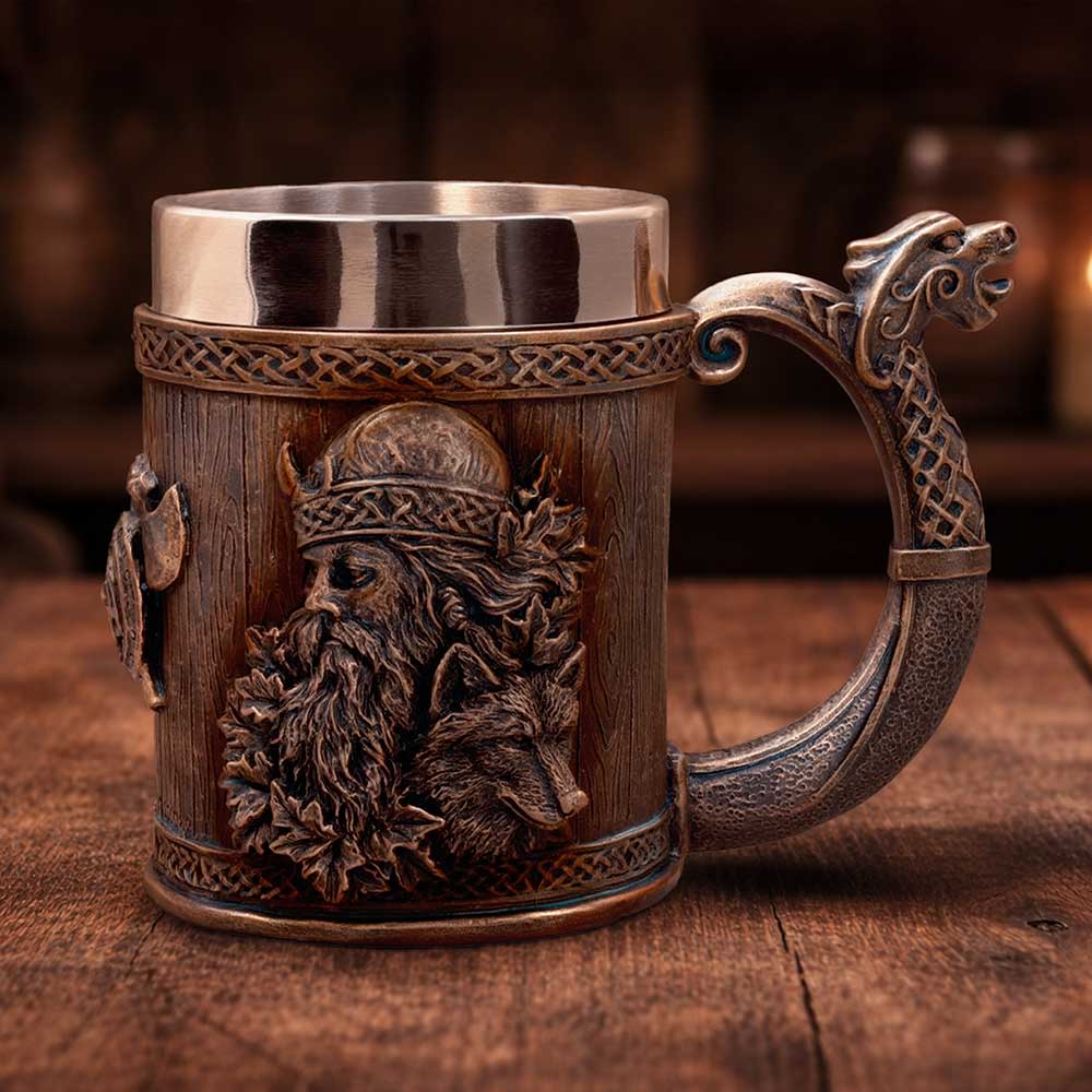 Til Valhalla Viking Tankard Small - Viking ship-inspired tankard on a wooden display