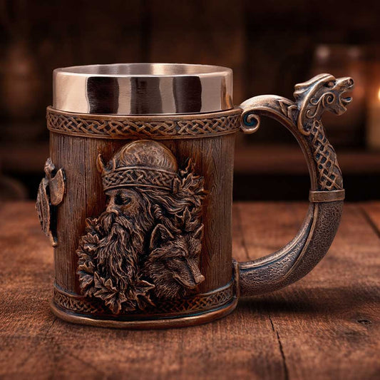 Til Valhalla Viking Tankard Small - Viking ship-inspired tankard on a wooden display