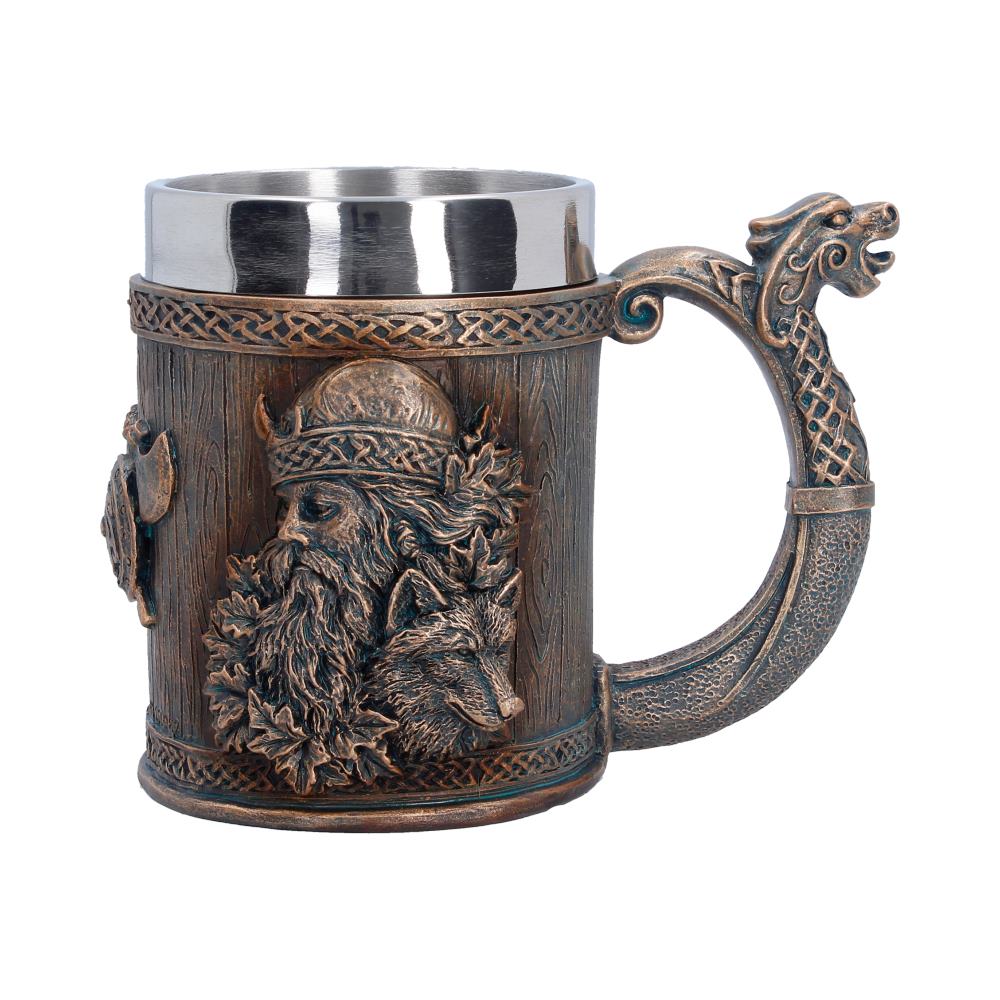 Til Valhalla Viking Tankard Small - front with bearded Viking and wood-effect panels